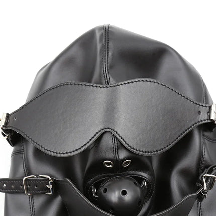PU Leather Total Sensory Deprivation Full Head Bondage Hood Headgear Mouth Open Lockable Gimp Bondage BDSM Sex Toy for Couple