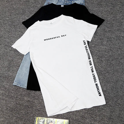 WONDERFUL DAY Print Long T shirts Summer Women Loose Slit Femme Tops  Tshirt Short sleeve Ladies t-shirt