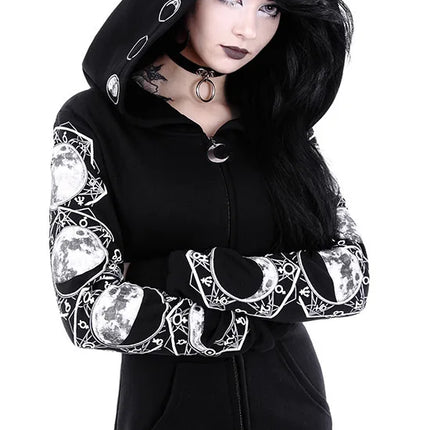 Fashion Trend Women's Punk Black Hoodie Moon Print Long-sleeved Sweater