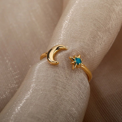 Zircon Moon Star Rings For Women Stainless Steel Glowing Moon Star Adjustable Finger Ring Aesthetic Wedding Jewelery Gift Femme