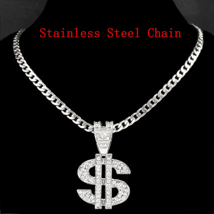 Bling Rhinestone Dollar Pendant Necklace For Men Silver Color Iced out 13mm Cuban Chain Choker Necklaces Hiphop Rap Rock Jewelry