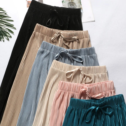 2025 Women's Pleated Loose Ice Silk Korean Casual Cropped Pants Wide Leg Trouse Home Classic Sports Wear Girls Clothes Black Top