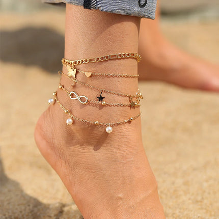 Fashion Gold Color  Snake Chain Multilayer Anklets Women Beads Anklet Leg Chain Ankle Bracelets Beach Foot Jewelry Accessories
