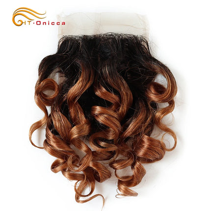 Htonicca Lace Closure Human Hair Brazilian Curly 4x1 T Part Lace Closure With Baby Hair Natural Color Middle Part Curly Closures