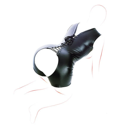 Women PU Leather Erotic Cupless Romper Bodysuit Back Lace Up Tight Fit Open Butt Crotchless Body Harness Fetish Lingerie