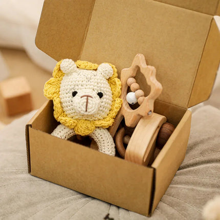 Let's Make 4pcs/set Wooden Rattle Sets Cartoon Animal Crochet Rattle Wood Car Block Soother Teether Set Montessori Toddler Toy