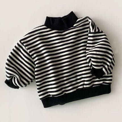 Baby Girls Striped Tops 2023 Autumn Winter New Kids Thicken Warm High-neck Sweatshirt Cotton Clothes Toddler Boys Tees