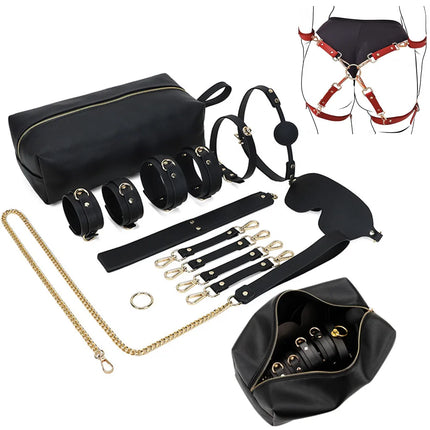 PU Leather BDSM Bondage Kits Handcuff Ankle Cuffs Neck Collar Mouth Gag Hogtie Restraint SM Set Adult Games Sex Toys for Couples