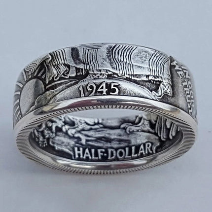 Huitan New US 1945 HALF DOLLAR Men Rings Commemorative Gift for Boyfriend Handmade Vintage Party Male Ring Jewelry Drop Shipping