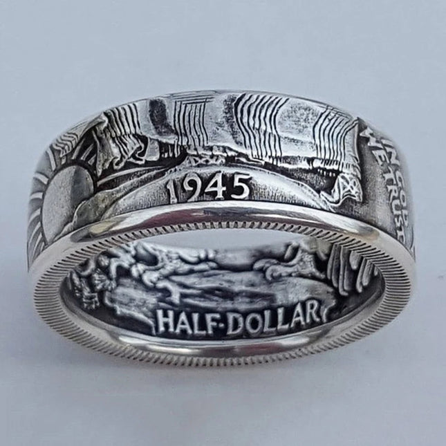 Huitan New US 1945 HALF DOLLAR Men Rings Commemorative Gift for Boyfriend Handmade Vintage Party Male Ring Jewelry Drop Shipping