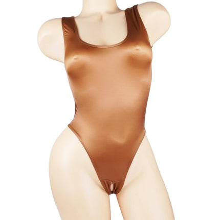 Satin Glossy Leotards One Piece Swimsuit Sexy High-Cut Open Crotch Bikini Thong Bodysuit Shiny Women Lingerie Plus Size