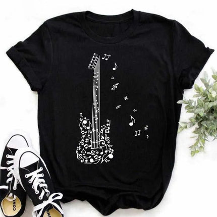 New Harajuku Funny Music Note Art T-Shirt Fashion Women T-Shirt Music Tops Short Sleeves Black T-Shirt Ladies Casual Tees Top