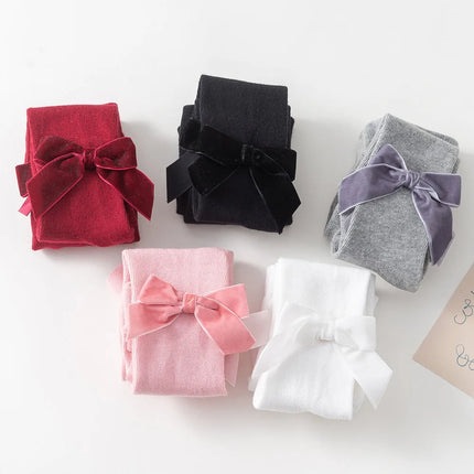 Infant Newborn Baby Girls Pantyhose Solid Bowknot Leggings Four Seasons Long Stockings 5 Colors 0-3Years