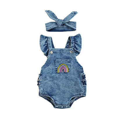 Citgeett Summer Infant Baby Girls Outfit Rainbow Embroidery Fly Sleeve Lace Denim Bodysuit+ Headwear Set Clothes
