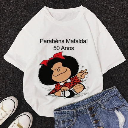 2020 New Summer Fashion Female Pink Tops Mafalda Cute Graphic Print T-shirt Women Harajuku Aesthetic White Tops Kawaii Tshirt