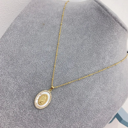 Oval Metal Sea Shell Zircon Virgin Mary Guadalupe Pendant Necklace Blessing Jewelry For Women
