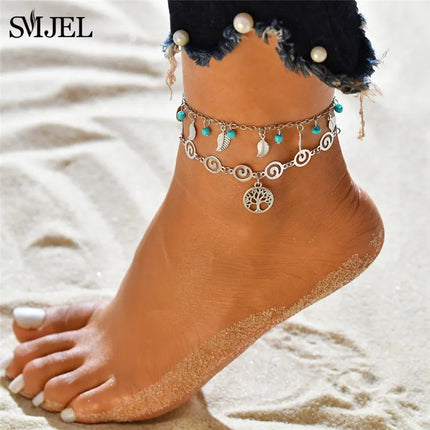 SMJEL Bohemian Shell Anklets for Women Handmade Woven Natural Shell Foot Jewelry Summer Beach Barefoot Bracelet ankle on Leg