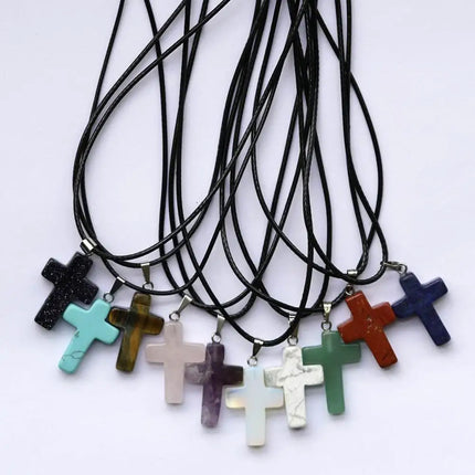 Natural Stone Cross Pendant Necklace Women Men 18inch Black Leather Cord Custom Crystal Choker Chakra Jewelry Findings