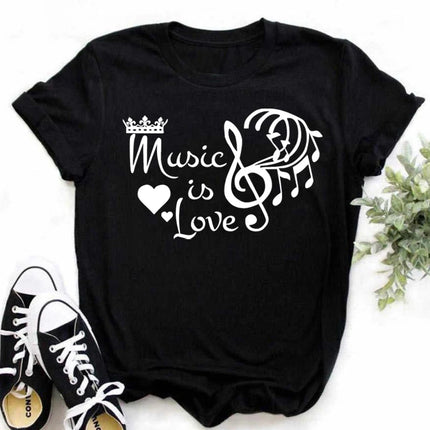 New Harajuku Funny Music Note Art T-Shirt Fashion Women T-Shirt Music Tops Short Sleeves Black T-Shirt Ladies Casual Tees Top