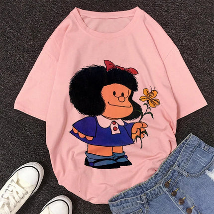 2020 New Summer Fashion Female Pink Tops Mafalda Cute Graphic Print T-shirt Women Harajuku Aesthetic White Tops Kawaii Tshirt