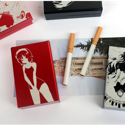 Animation Anime Derivatives Black Red Thin Slim Cigarette Case For Women Metal Aluminum Alloy Sliding Cigarette Box Man Custom