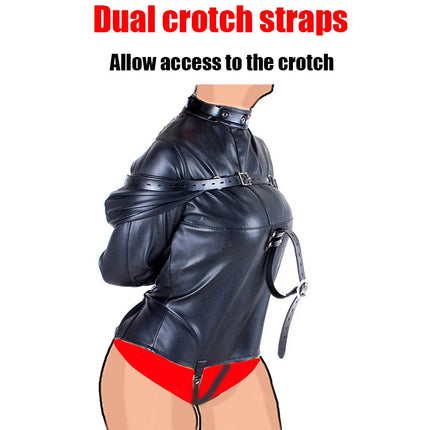 BDSM Leather Lingerie Straitjacket with Crotch Strap,SM Games Bondage Straight Jacket Harness,Slave Role Gimp Costumes Sextoys