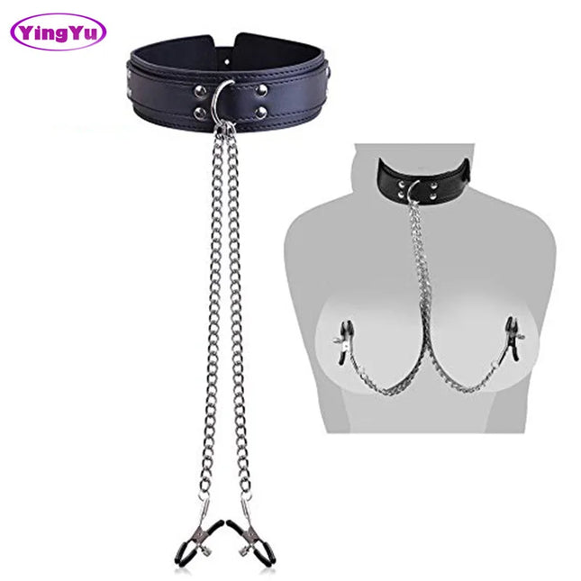 Faux Leather Choker Collar With Nipple Breast Clamp Clip Chain Couple SM Sex Toys For Women Sex Tools For Couples Adult Games