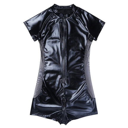Male Exotic Sexy Faux Leather Bodysuit Front Zipper PVC Latex Teddies Catsuit Male Gay Erotic Fetish Jumpsuits Club Wear Costume