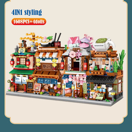 Mini City Street View Noodle Shop House Building Blocks 4 in 1 Japanese Architecture Friends Figures Bricks Toys For Children