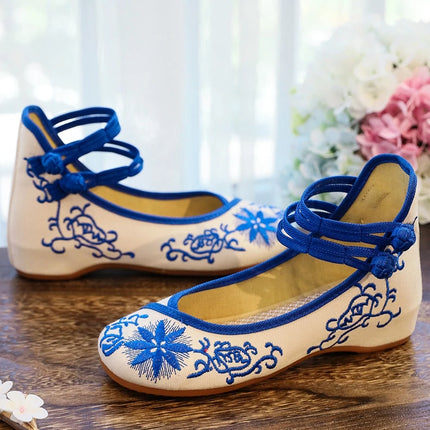 Veowalk Sunflower Embroidered Women Canvas Ballet Flats Ankle Strap Ladies Casual Cotton Chinese Embroidery Ballerina Shoes