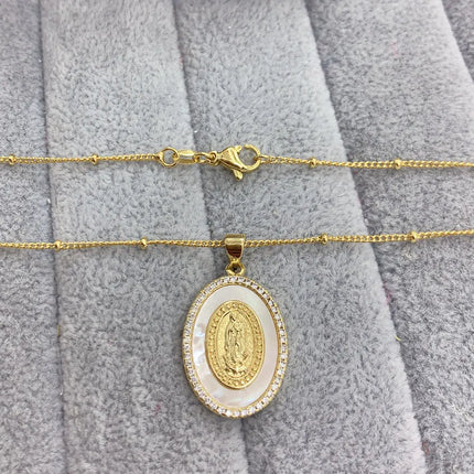 Oval Metal Sea Shell Zircon Virgin Mary Guadalupe Pendant Necklace Blessing Jewelry For Women