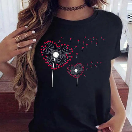 Maycaur Women's Graphic Cartoon Dandelion Print T-Shirt Short Sleeve Ladies Print Clothes Lady Tees Tops Female Women's T-Shirt