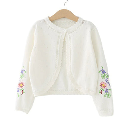 1-11yrs White Children Girls Cardigan Sweater Embroidery 100% Cotton Girls Jaket Coat 2 3 4 6 8 Years Old Kids Clothes RKC185005