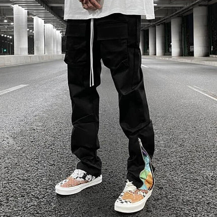 Patchwork Cashew Flower Print Side Zip Up Cargo Pants Men Y2k Streetwear Casual Functional Relaxed Fit Cargo Trousers Male