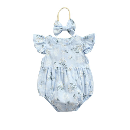 Baby Romper with Hairband, Kids Floral Print Round Neck Fly Sleeve Bodysuit+ Headband for Summer, Blue/Yellow, 0-24 Months