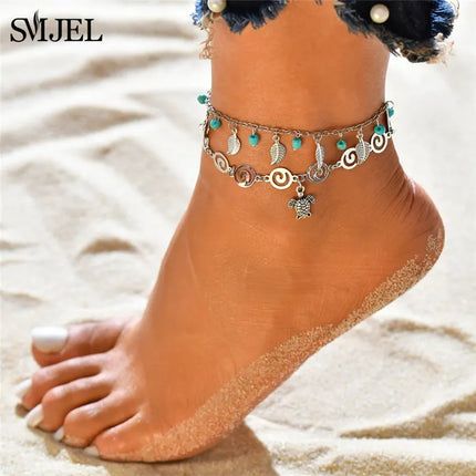 SMJEL Bohemian Shell Anklets for Women Handmade Woven Natural Shell Foot Jewelry Summer Beach Barefoot Bracelet ankle on Leg