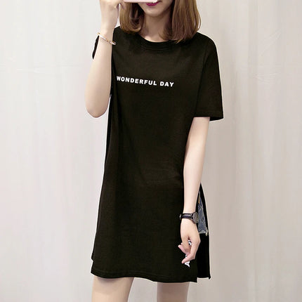WONDERFUL DAY Print Long T shirts Summer Women Loose Slit Femme Tops  Tshirt Short sleeve Ladies t-shirt