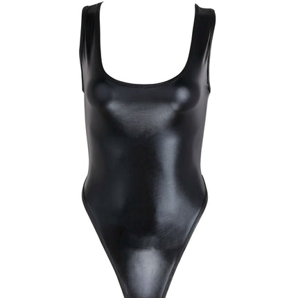 Womens Sleeveless High Cut Bodysuit Leotard Thong Swim Teddies Swimwear Swimsuit Patent Leather Thong Gymnastics Stage Dancewear