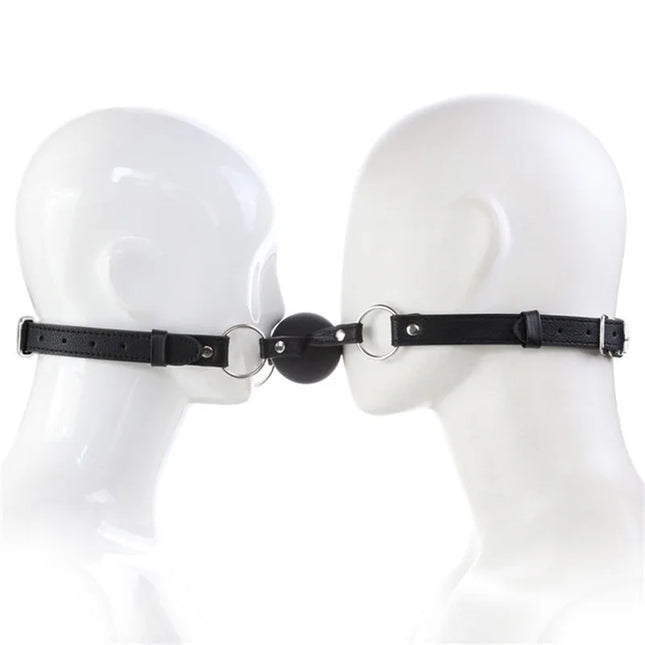 Double Belt Mouth Gag with Solid Silicone Ball D=50mm PU Leather Bondage Fun Sex Toy Mouth Plug Black