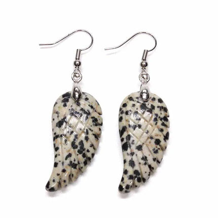 KFT Natural Carved Healing Reiki Crystal Quartz Stone Earring Amethysts Lapis Lazuli Angel Wing Dangle Hook Stone Earrings