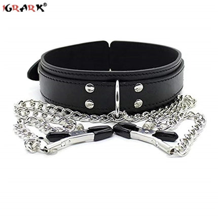 Leather Choker Neck Collar Metal Chain Nipple Breast Clamp Clip Bdsm Bondage Slave Erotic Sex Toys For Women Couples Adult Games
