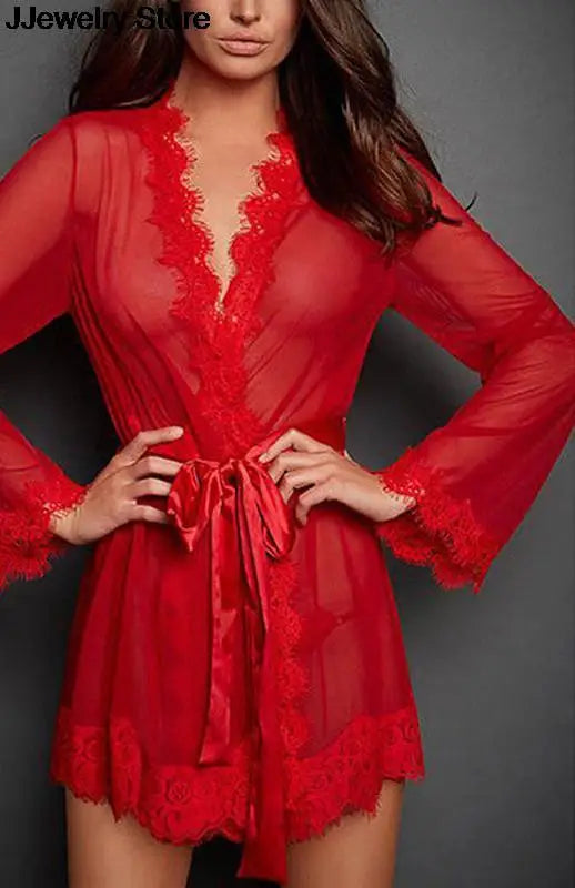 Summer Sexy Lace Nightwear Erotic Lingerie Sleepwear Women  See Through Sleep Dress Solid Lace Pajamas Bath Robe Dress Nightgown
