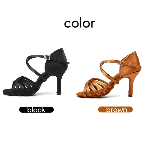 DKZSYIM Latin Dance Shoes Women High Heel Silk Dance Shoes lady Soft Bottom Dance Shoes heeled 8cm Girls Salsa Ballroom Shoes