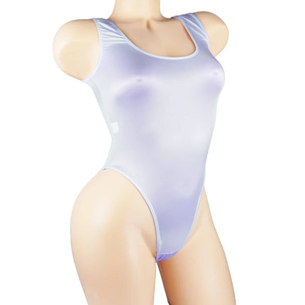 Satin Glossy Leotards One Piece Swimsuit Sexy High-Cut Open Crotch Bikini Thong Bodysuit Shiny Women Lingerie Plus Size