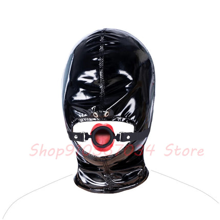 PU Leather Open Mouth Hood Mask,With Full Silicone O Ring Gag Strap,Fetish Slave Bondage Gimp,BDSM Sex Toy For Couple Adult Game