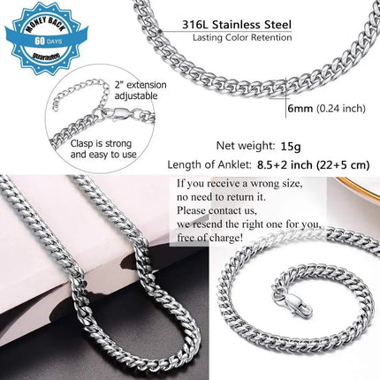 U7 6mm Wide 8.5inches Cuban Link Anklets for Women Adjustable Ankle Bracelets Men Gold Color Black Stainless Steel Jewelry