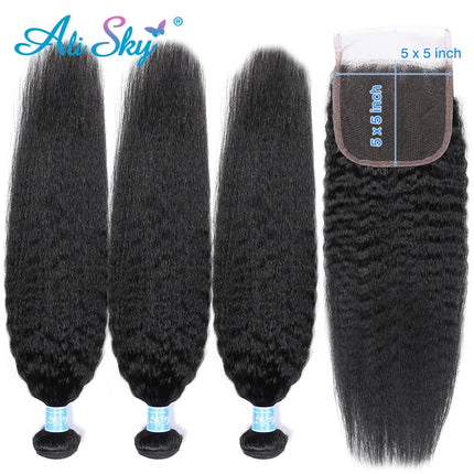 Alisky Peruvian Hair Bundles Kinky Straight Hair Bundles With 5x5 Closure Remy Human Hair Extension 5x5 Closure with Bundles