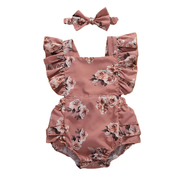 0-24months Baby Girls summer bodysuit Floral Printed Pattern Square Collar Sleeveless infant girls Romper Headdress set
