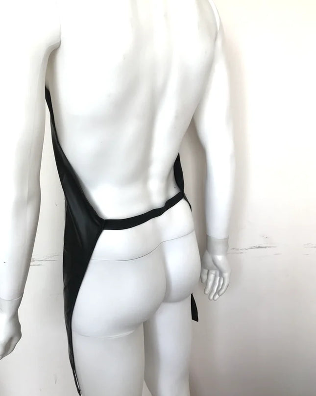 M-2XL Sexy Black Soft Faux Leather Men Front Open Crotch Zipper Pocket Apron DS Night Club Pinafore Backless Sexy Lingerie