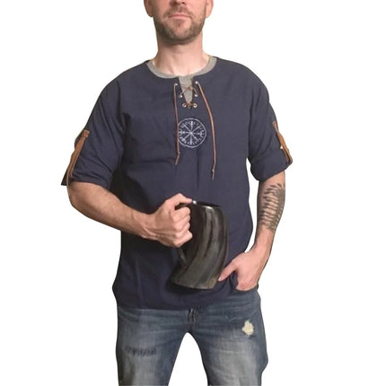 Men Plus Size Shirt Top Ancient Viking Embroidery Lace Up V Neck Long Sleeve Shirt Top For Men's Clothing